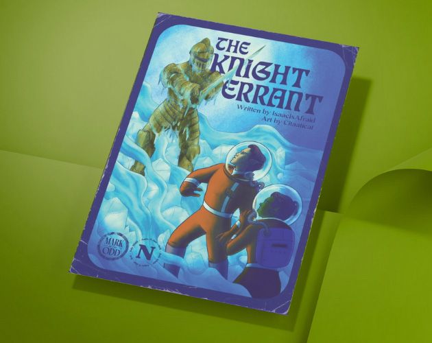 The Knight Errant's cover. Two spacefarers, a masculine elf and a feminine orc, stares in shock at a frozen Knight in golden armor.