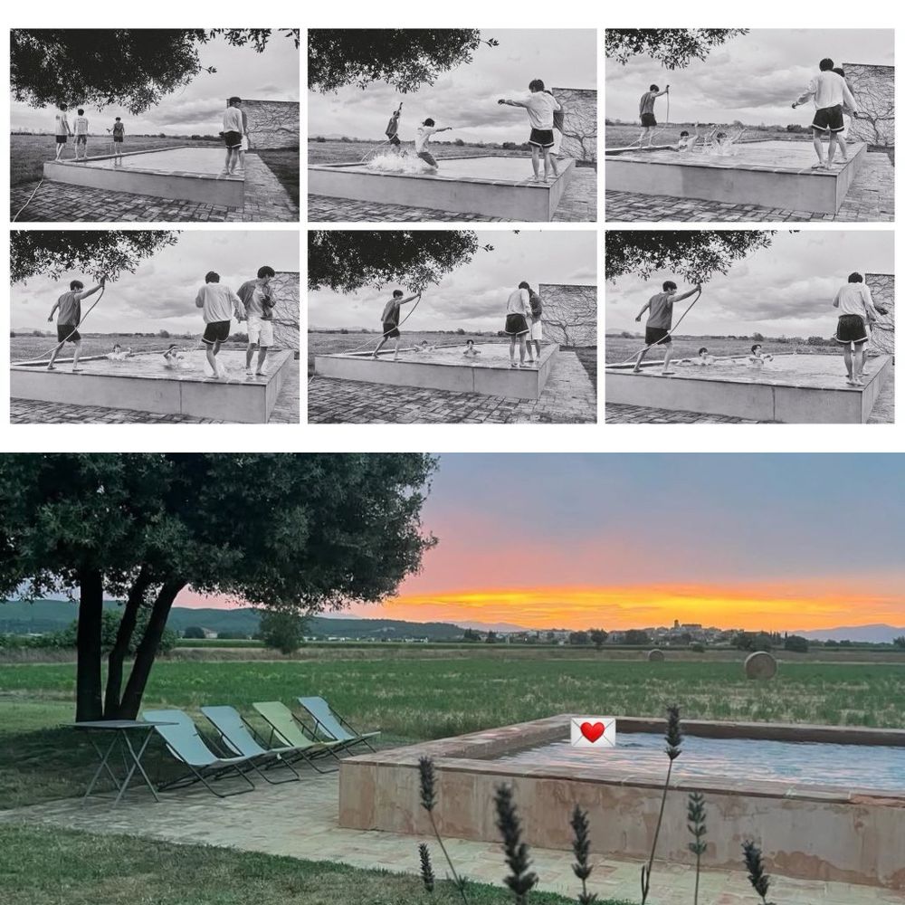 Top: Black-and-white photo of five Asian men [members of Tomorrow x Together TXT] standing around a pool, some were inside the pool.

On the horizon is an open field.

Bottom: A pool with some pool seats on the left and a tree behind them. On the horizon, the sun is setting