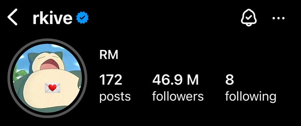 Screenshot of an Instagram profile header. 
172 posts
46.9M followers
8 following