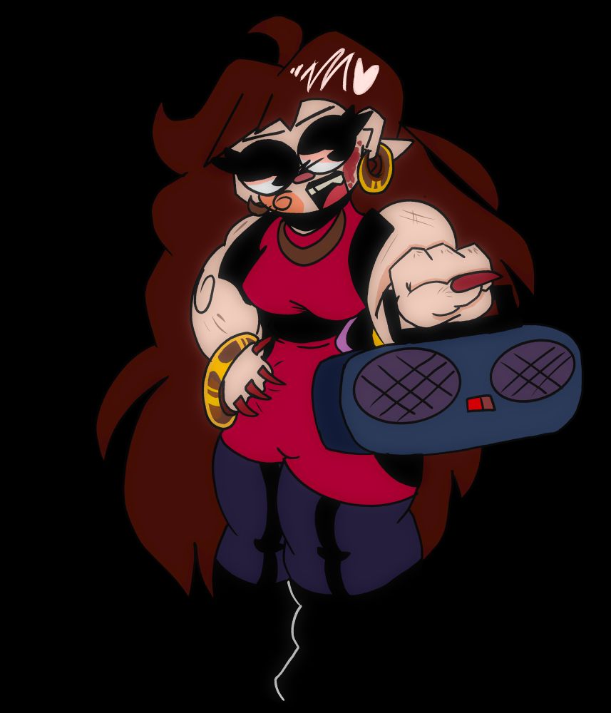 This is my version of GF. She has a round, baby like face. A small button nose. A fang and a small gap with her teeth. Black eyeshadow. Cute blush. Black lipstick. Acne scars. Golden hoop earings. Long auburn hair. Golden necklace. Curvy body. Muscular arms with scratches. Golden rings on her wrists. Red, long, sharp nails. A long, red dress. A black jacket over said dress. Grey, see through leggings. And black boots. Instead of sitting on speakers, she holds a boombox. Think Whitty mod or Funkadelix.