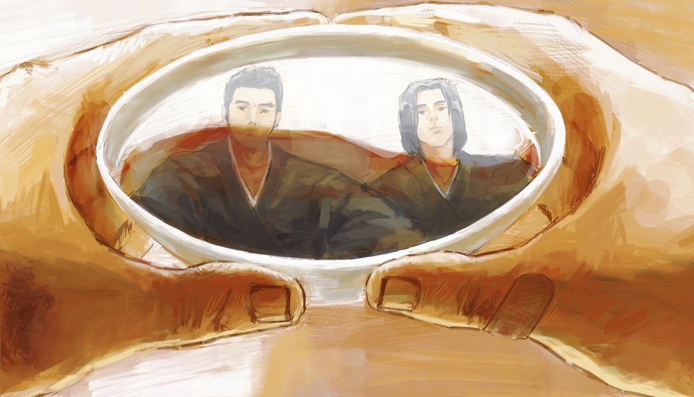 Drawing with warm tones with a white on the legt and soft orange in the right background, where Kiryu Kazuma's hands are bruised, the left one has a bruise and a scab near the knuckle; the right one has a bruise near the knuckle and a bandaid with some blood transparente through the cotton; both hands have dry blood under the fingernails.
His hands are holding a white sakazuki sake cup, the sake reflects Kiryu Kazuma by the left with his arms more close in perspective, next to him is Akira Nishikiyama by the right, they both wear a wedding kimono and straight faces.
His hands reflect violence and the current life they live, and in the reflection from the sake are Kiryu's wishes and hopes for the future.