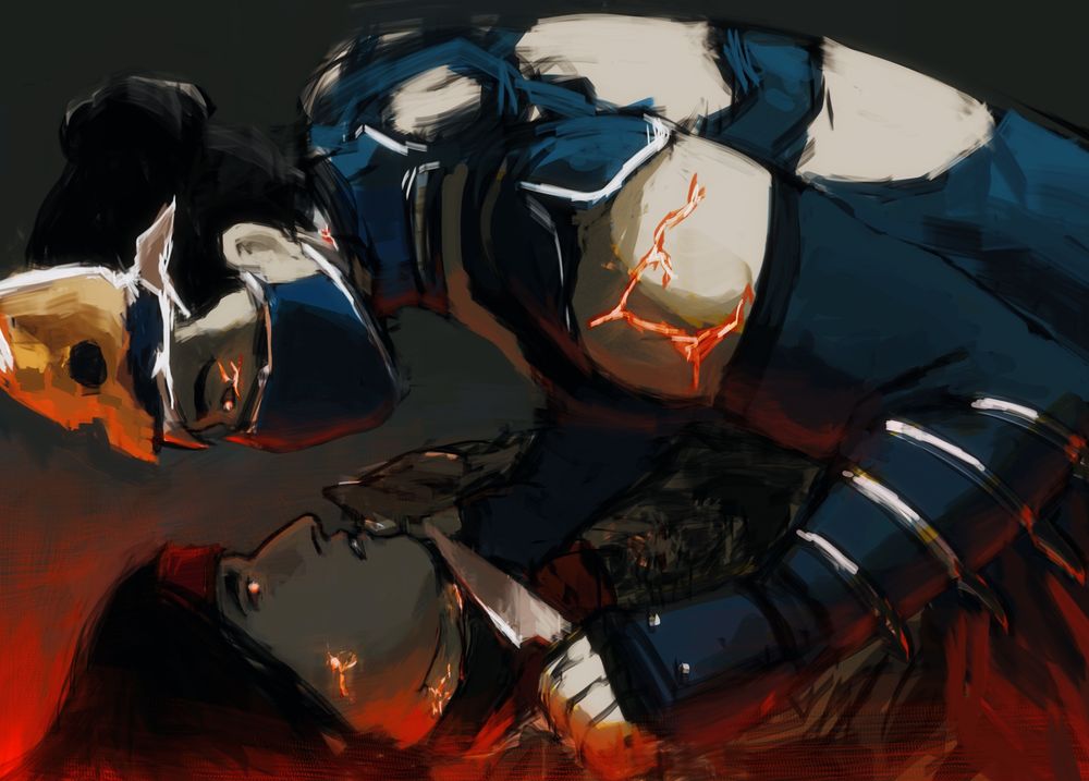 Drawing of Kitana Kahn and Liu Kang as revenants ith a side view perspective.
Kitana is on top of him, one of her hands holds his chin up and the other slides the blade of her closed fan through his neck, the wound has a faint glow and blood smears from it.
There's a red glow underneath them, and a hard light that only lights Kitana from the back.