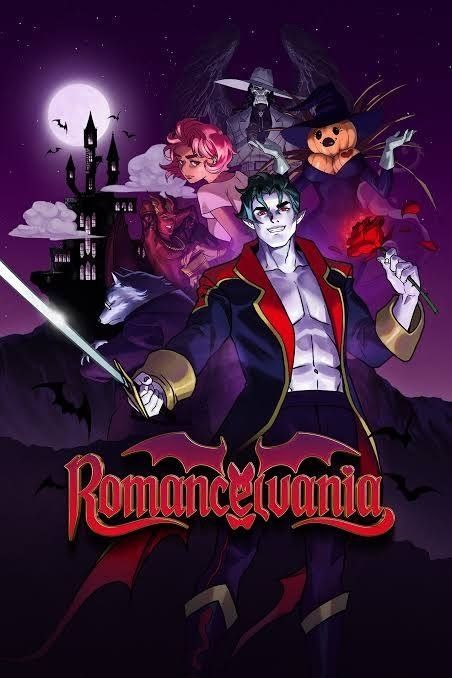 A video game cover in an anime/dating sim style. Dracula holding a sword stands in front with pale skin and a dramatic long coat and with a gothic castle in the background