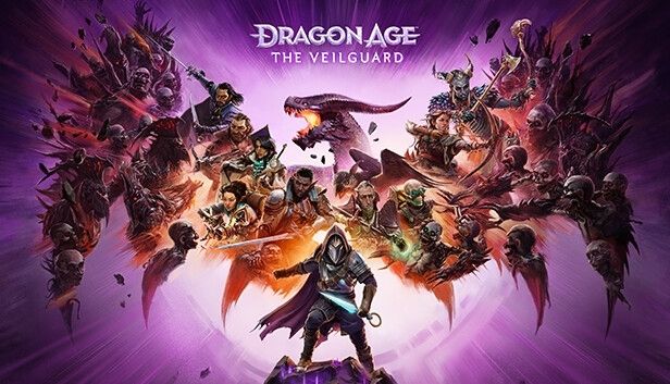 Dragon Age Veilguard promo art with a purple background and a collection of characters forming the shape of a dragon behind the main character, Rook.