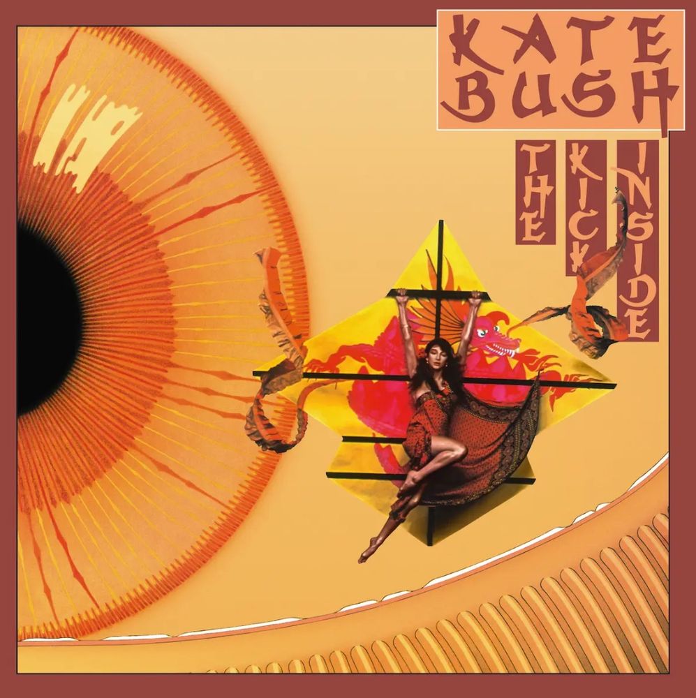 Kate Bush album cover The Kick Inside. Kate is floating on a kite past an enormous eye. 