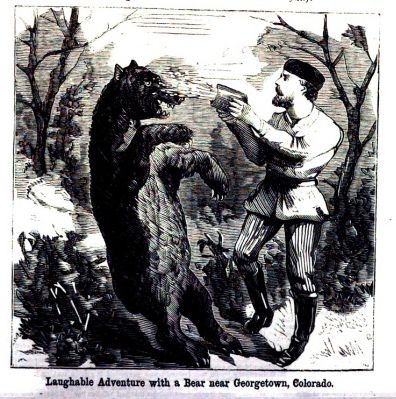 A historic newspaper illustration titled "Laughable Adventure with a Bear near Georgetown, Colorado". A small but fierce looking bear is rearing up at a bearded man with a racoon skin cap and striped pants. The man is splashing the bear in the face with a small pot or mug of water. 