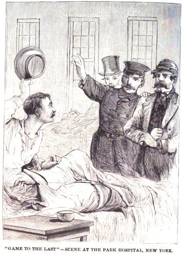 A historic newspaper illustration titled "GAME TO THE LAST" - SCENE AT THE PARK HOSPITAL, NEW YORK.
A mustached man in an infirmary bed is rising out of bed with a bedpan held as if to throw it. Three men stand at the foot of his bed looking surprised. 