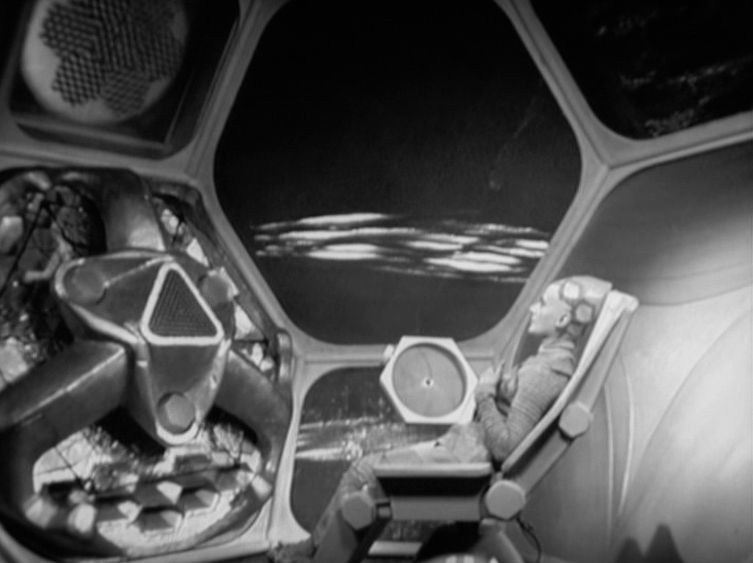 Actress Yvonne Mitchell as Vashti - sitting in her cocooned underground space facing a screen in an 1966 TV adaptation of E.M. Forsters SF story ‘The Machine Stops’.