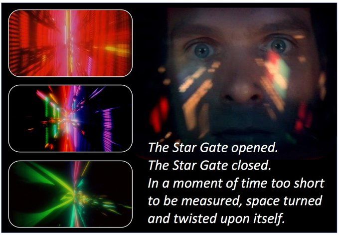Screenshots of the kaleidoscopic ‘Star Gate’ sequence from the 1968 film ‘2001: A Space Odyssey’ alongside a close up shot of astronaut Dave Bowman (overlayed with the split-screen light effects used in this sequence).