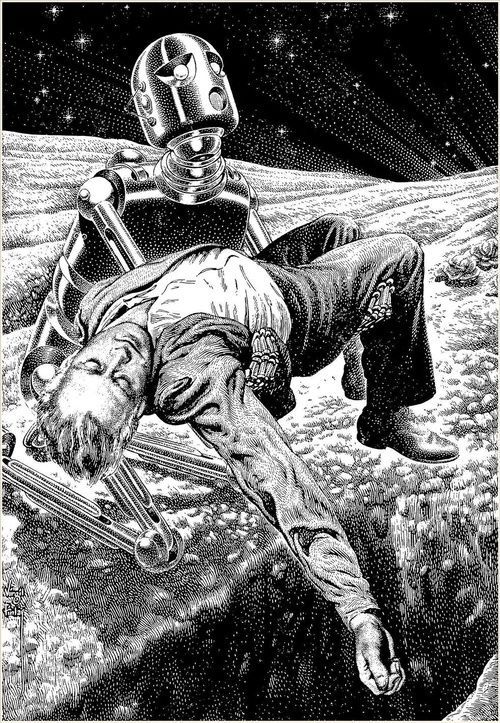 B/W image of a robotic figure holding a man aloft in its arms - illustration by Virgil Finlay published in a 1953 edition of ‘Amazing Stories’