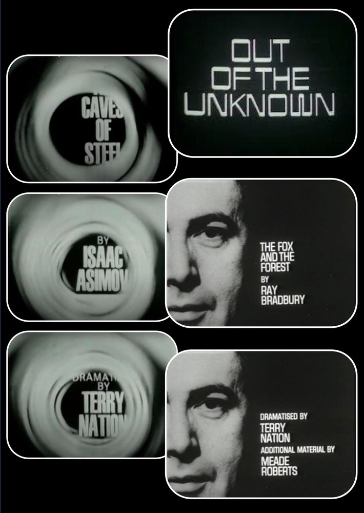 Surviving screengrabs from the title and end credit caption sequences of the 1964 BBC production of ‘The Caves of Steel’ and the 1965 adaptation of ‘The Fox and the Forest’, made for the BBC anthology series ‘Out of the Unknown’.