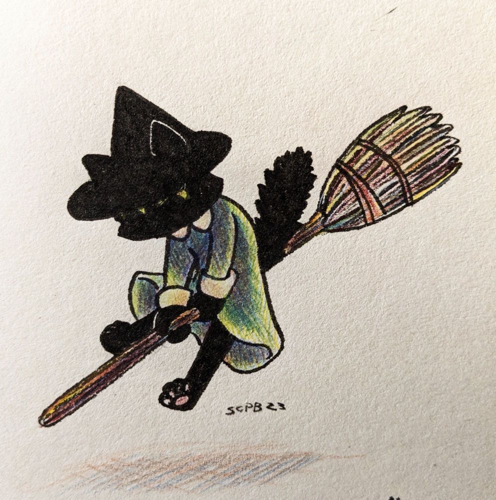 A little black cat witch, riding a broom. She wears a little green dress with a white collar, and a black conical hat. She's so darkly furred, her featured are lost in her fur, but for her bright yellow eyes. Her tail is puffed, a bit alarmed by her flight. 