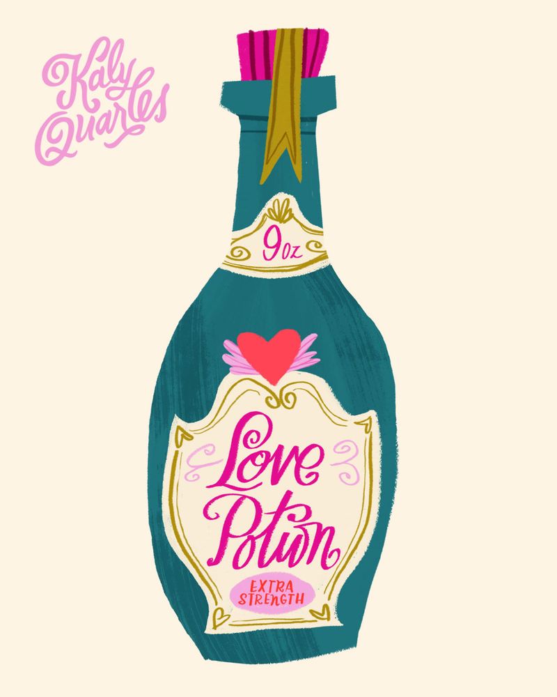 Vintage style bottle of love potion with mid-century style cursive writing. Illustrated by Kaly Quarles