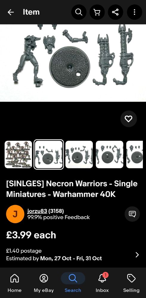 A screenshot of an eBay entry selling a single Necron warrior for £3.99 and £1.40 postage.
