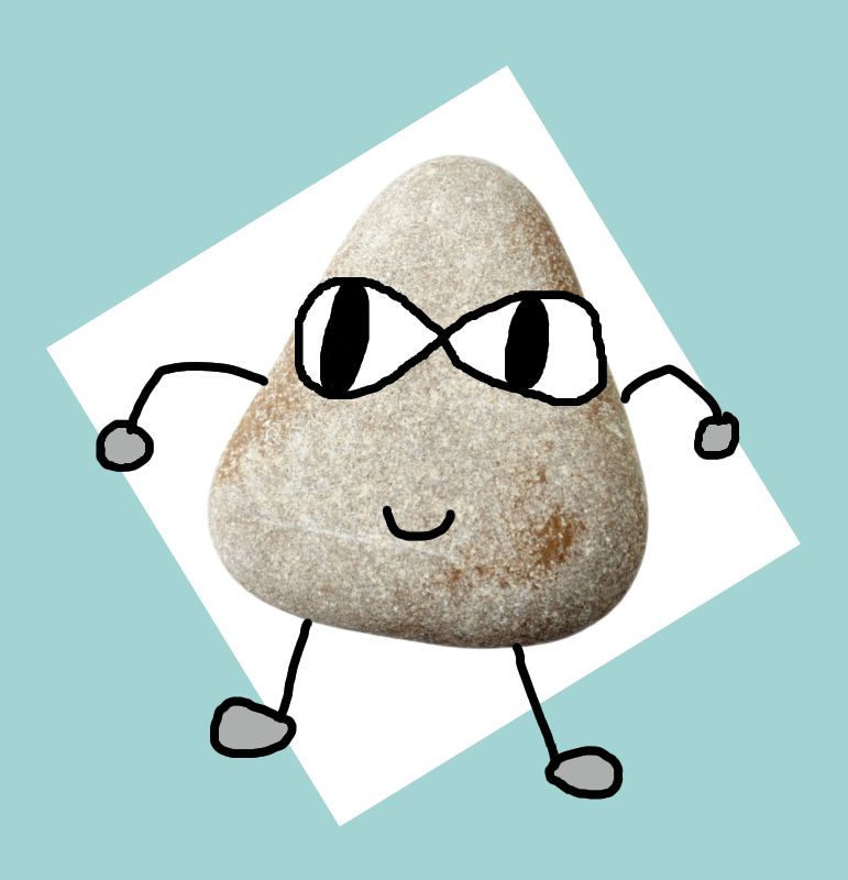 a photo of a triangular pebble with a face and arms and legs drawn on
