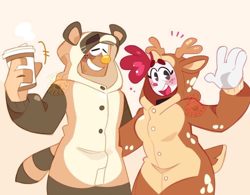 Digital artwork of Boba and Val. They stand together, their arms around each other. Boba holds a warm cup of coffee, with eyes shut and grinning slightly. Val looks to the viewer with a wide smile, waving towards them. They both wear animal onesies; Boba in a ferret onesie and Val in a deer onesie.