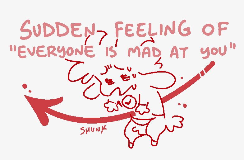 Digital sketch of Fizzles (OP's satyr sona). They are being held up by a sharp arrow that pierces them through the stomach, looking confused and worried. There is large text above them that reads;

Sudden Feeling Of "Everyone Is Mad At You"