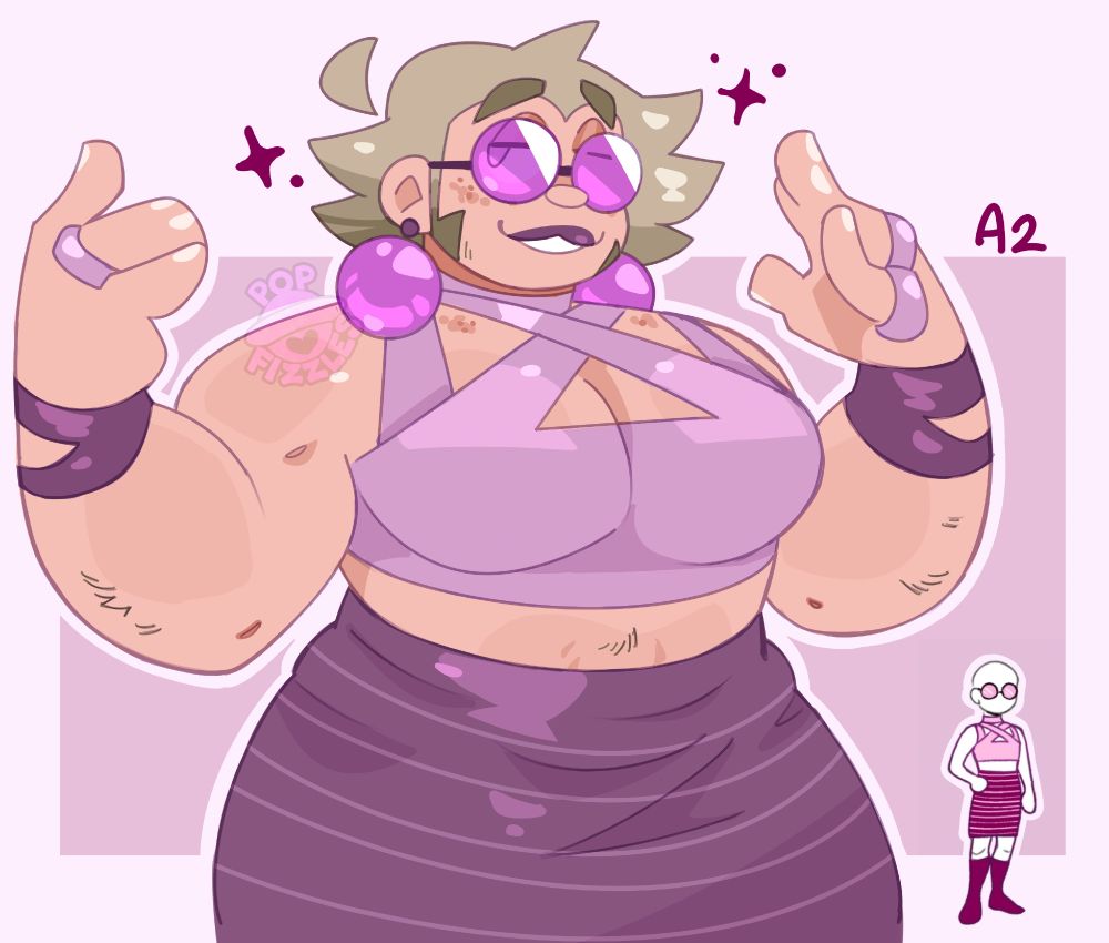 Digital artwork of Cypher Sparks, drawn from the thighs up. She holds both her hands up, palms facing her. She looks towards the viewer with a smug smile. To her right is a decal of the outfit she is currently wearing (which is labeled as A2).

She is in a pale pink short top, with multiple crossing straps over the chest. She wears a plum, high-waisted skirt with horizontal striping. She also wears thick rings on her fingers, straps around her wrists, and a set of large magenta disc earrings. She wears round sunglasses with bright magenta lenses, pupils barely visible behind them.
