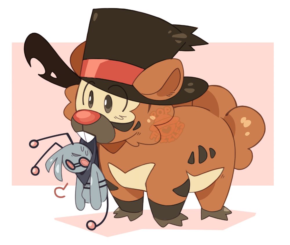 Digital artwork of Harley (a Bidoof with black markings across his face and body, wearing a battered top hat), holding Boone by his neck scarf (a Gimmighoul with pink accents instead of gold) in his mouth. Harley stands plainly with a blank expression, and Boone dangles loosely, sweating and sighing. Boone's tail drags on the ground underneath him, having no coin resting on their back.