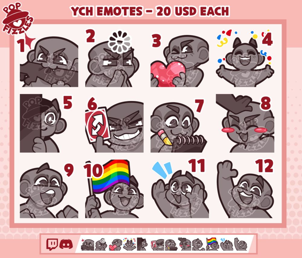 A Twitch Emote showcase featuring twelve different emotes of gray YCH bases in a grid, numbered 1 through 12. 

The emotes in order are as follows: 

1. Bite (biting down on an off-screen character's arm) 
2. Concern (holding steepled fingers to their mouth with a loading wheel above their head) 
3. Heart (holding a large pink heart) 
4. Hype (with their arms outstretched, confetti raining from above) 
5. Lurk (peeking around a wall with dark shadow in front of their face) 
6. No U (with a mischievous grin, holding up a red Uno Reverse card) 
7. Noted (writing on a notebook with a pencil)
8. Pet (blushing, their head being pet by an off-screen character) 
9. Pog (making the pog meme face) 
10. Pride (holding and waving a rainbow flag) 
11. Uppies (holding both arms up, wanting to be picked up)
12. Wave (waving to the viewer) 

Underneath is a lineup of all twelve emotes, resized to the size they would appear in a Twitch or Discord chat.