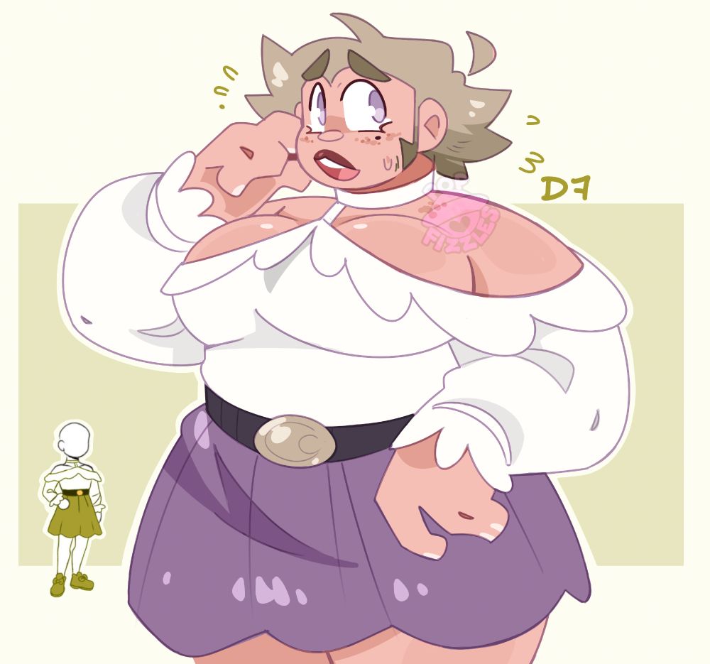 Digital artwork of Cypher Sparks (OP's player character for Mothership), drawn from the thighs up. She has a nervous look, averting her eyes and touching her face with one hand. To her left is a decal of the outfit she is currently wearing (which is labeled as D7).

She is dressed in a white, frilled, off-shoulder shirt with long poofy sleeves. She wears a purple pleated skirt, with a black belt across her stomach. The belt has a metal buckle with a moon decal on it.