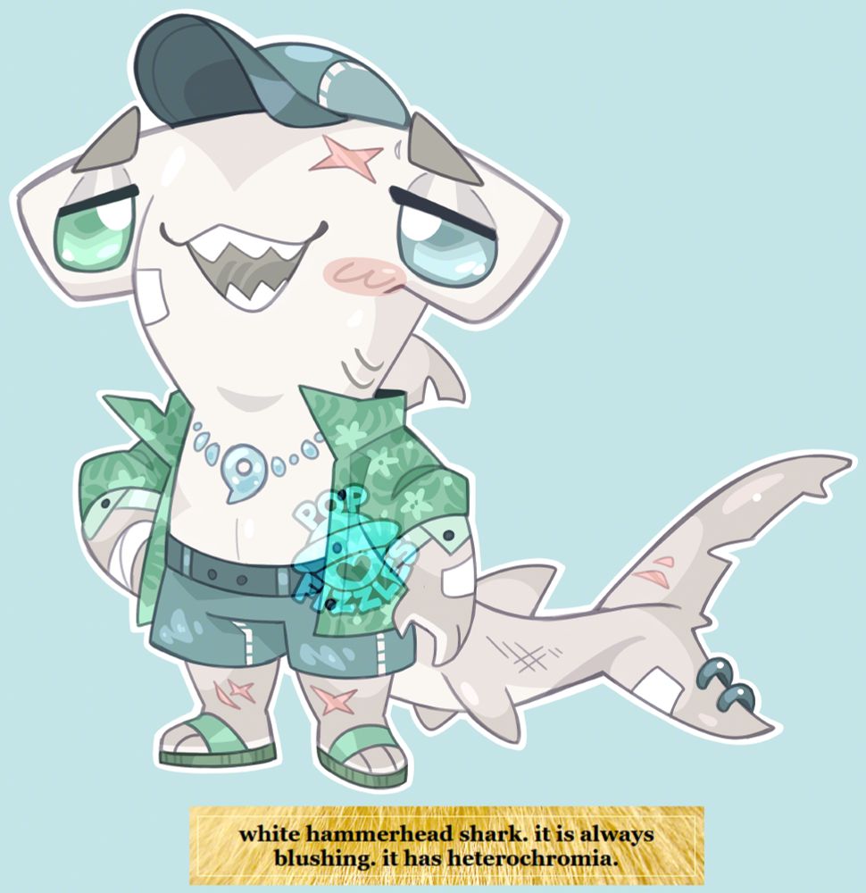 Digital artwork of an anthro hammerhead shark. They are colored in pale grays, greens, and blues. They wear an open, green patterned shirt, denim shorts, and a matching denim cap. They wear a necklace made of glass beads, and are covered in scars, scuffs, and bandages.

The prompt for their design is below them;
"white hammerhead shark. it is always blushing. it has heterochromia."