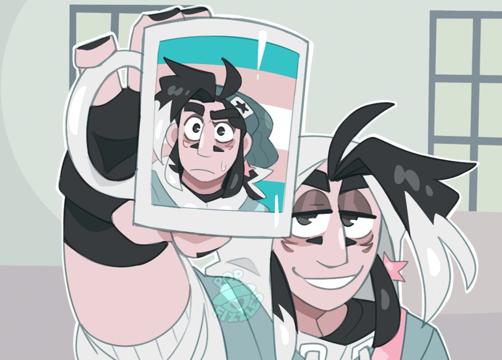 Digital artwork of Chrono Lang (OP's oc, a human with two-toned hair, dressed in a hoodie) redrawn as the CaseOh Showing Trans Pride Flag Mug meme. 

Chrono grins towards the viewer with half-lidded eyes. The image of Chrono on the mug has a wide-eyed expression, sweating nervously.