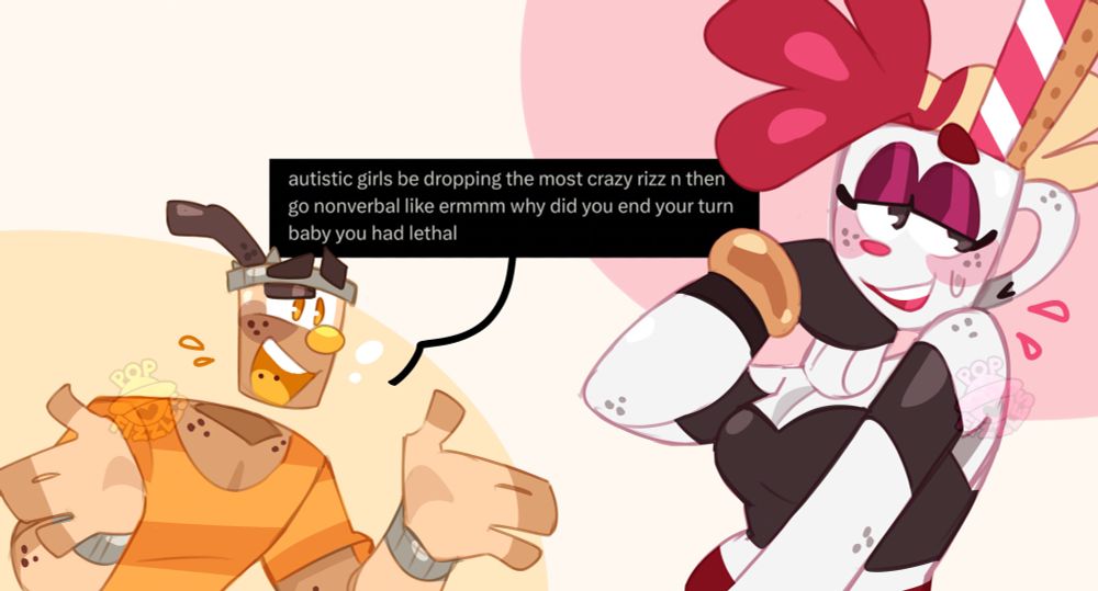 Digital artwork of Val and Boba. Val is in the foreground, averting her eyes shyly, resting her cheek to the back of their right hand. Boba is in the background, his palms out in front of him, raising one brow towards Val, looking exasperated. His text box is a screenshot of a tweet.

Boba: autistic girls be dropping the most crazy rizz n then go nonverbal like ermmm why did you end your turn baby you had lethal