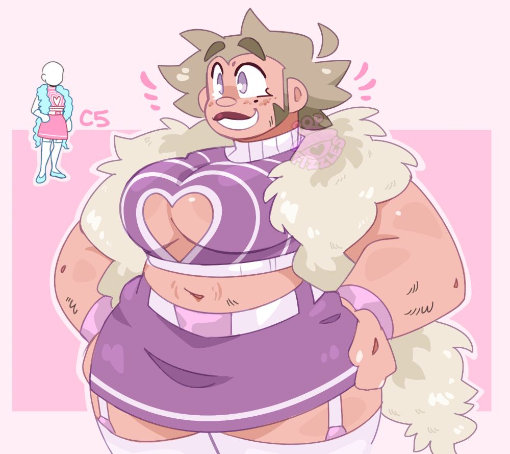 Digital artwork of Cypher Sparks, drawn from the thighs up. She grins, looking off-screen, with both hands on her hips. To her left is a decal of the outfit she is currently wearing (which is labeled as C5).

She wears a purple crop-top that has a heart-shaped hole cut into the middle of the chest, and a repeating radial design of white lines. She wears a matching short skirt, and white garter belt and stockings underneath. She wears a long thick cream-colored boa around her neck.