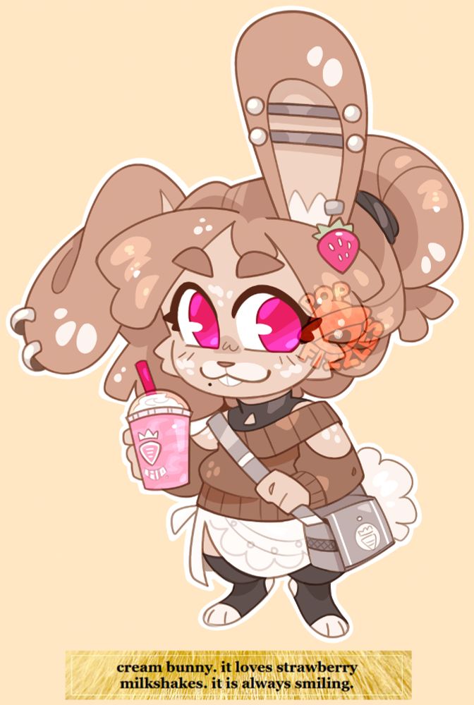 Digital artwork of an anthro bunny. They are colored in neutral tones, browns, and grays. They have bright pink eyes. They wear a sweater, a hip scarf, a strawberry-shaped hair clip, and a messenger bag at their side. They hold a strawberry milkshake in one hand.

The prompt for their design is below them;
"cream bunny. it loves strawberry milkshakes. it is always smiling."