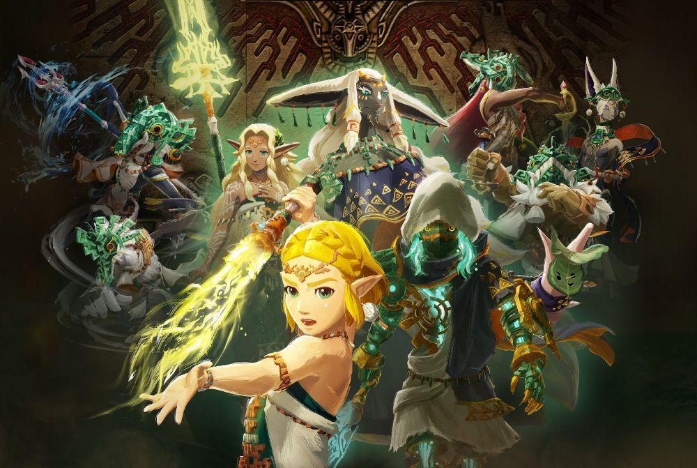 Key artwork, depicting Zelda and the Knight Construct front and center, Rauru behind them. To his right, Sonia, Qia, and Raphica; to his left, Ardi, Agraston, Calamo, and Mineru.