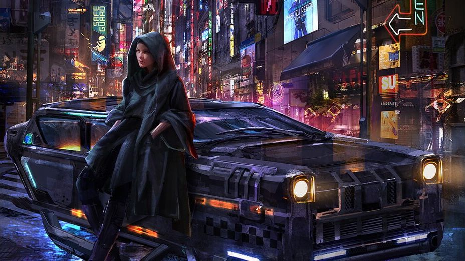 A hooded woman leans back against a hovercraft car in a cyberpunk city alley.