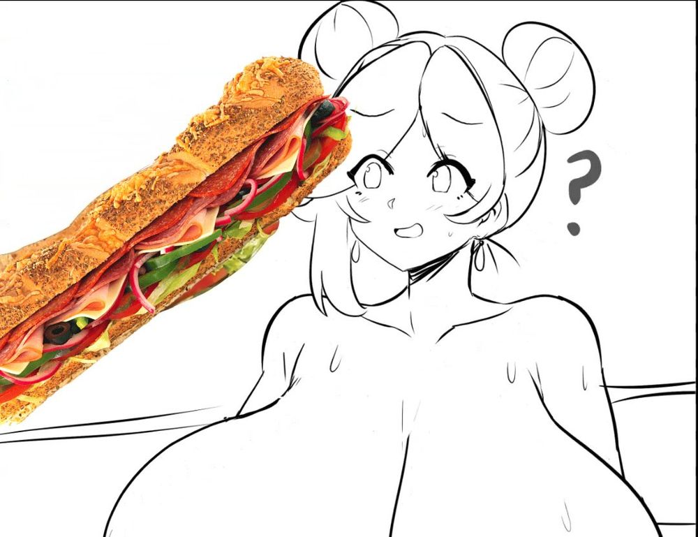 A sketch of a large breasted anime girl looking at an image of a sub sandwich, reacting with a "?".