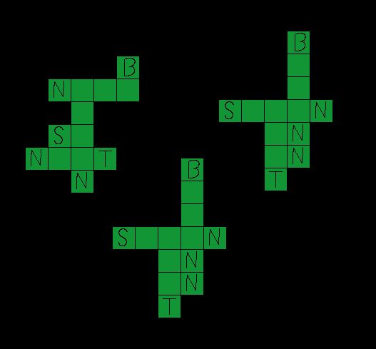 Examples of level layouts expressed as grids of green squares on a black background with letters labeling specific types of room.