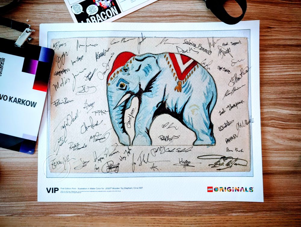An elephant poster signed by the Laravel team, Aaron Francis, Adam Wathan, Evan You and Jeffrey Way at Laracon US 2025 in Denver