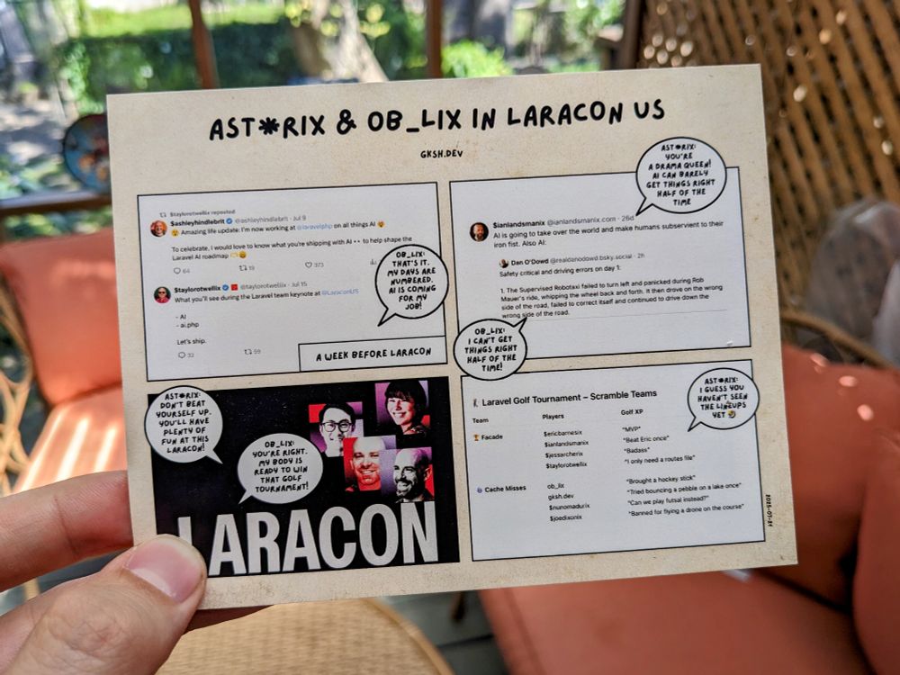 A custom postcard featuring "AST*rix & ob_lix in Laracon US"