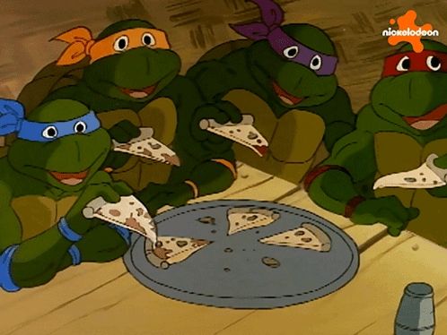 a group of teenage mutant ninja turtles eating pizza with a nickelodeon logo in the corner