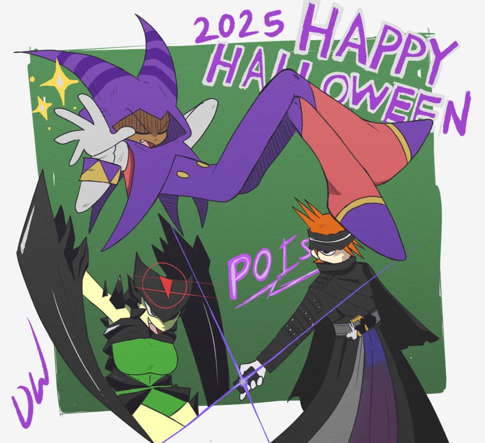 Halloween sketch of my original characters Teri dressed up as NiGHTs from NiGHTs into Dreams, Marco as Horobi from Kamen Rider Zero-One, and Reine resembling as Mon3tr from Arknights.