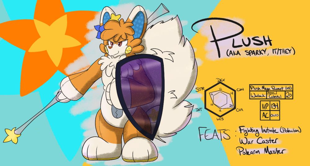 Plush warlock, celestial pact. level 20. HP 134. AC OwO
Fighting initiate (protection), War Caster, Polearm Master