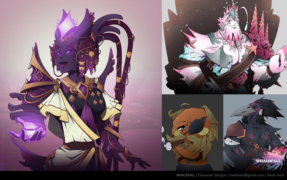 A few dialogue portraits from Whalefall - magical alien woman with braids, pink crab guy with metal breasts, old tomato with an eyepatch smoking a cigar, and buff bird guy