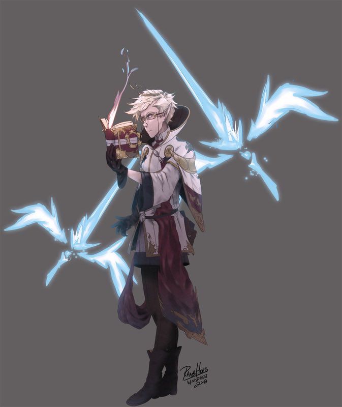 Concept of a Storyteller rpg class - man in fantasy outfit is reading feom a book to summon glowing swords