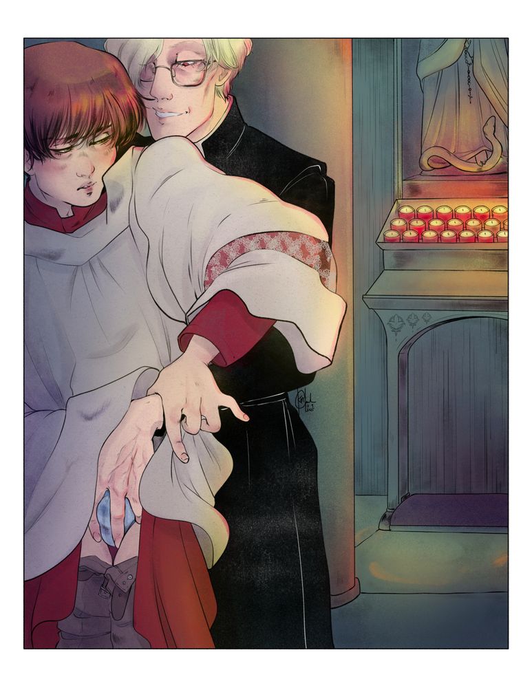 younger male altar server being groped by an older priest in a sickly colored church with blood red votive candles and a marian statue in the background. both are 18+ please note the server's adam's apple frankly he looks older than the artist and the artist is at least old enough to drink which is what the puritan internet is driving them to do at this point