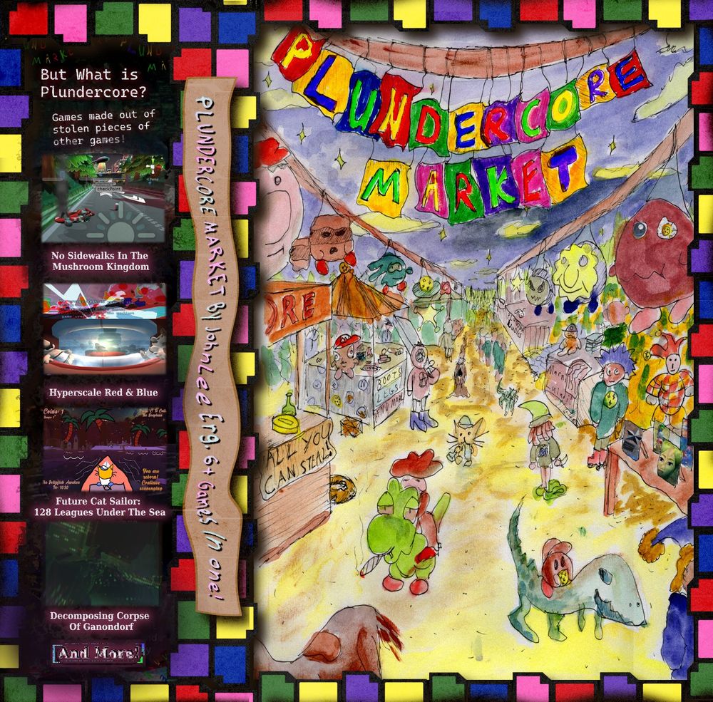 Plundercore market cassette cover. Videogame knockoff characters in a big market. notably, yoshi puff a fat doobie