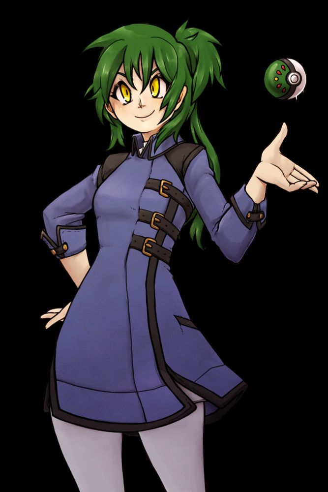 a green haired pokemon oc named Misaki

She is tossing up a friend pokeball and staring at the viewer. She has a blue coat, gray leggings, and golden eyes. 