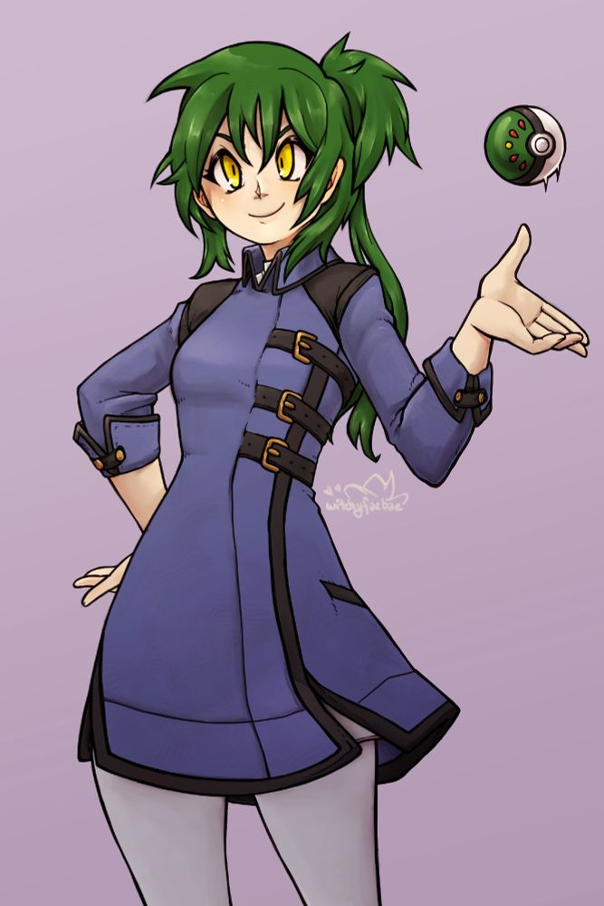 a green haired pokemon oc named Misaki

She is tossing up a friend pokeball and staring at the viewer. She has a blue coat, gray leggings, and golden eyes. 