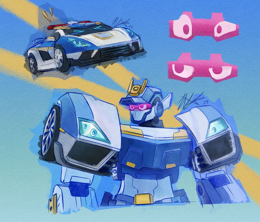 blue cop from metal card bot sketches. top left is vehicle mode, top right are eye expressions, and bottom is a half body colored sketch of bot mode.