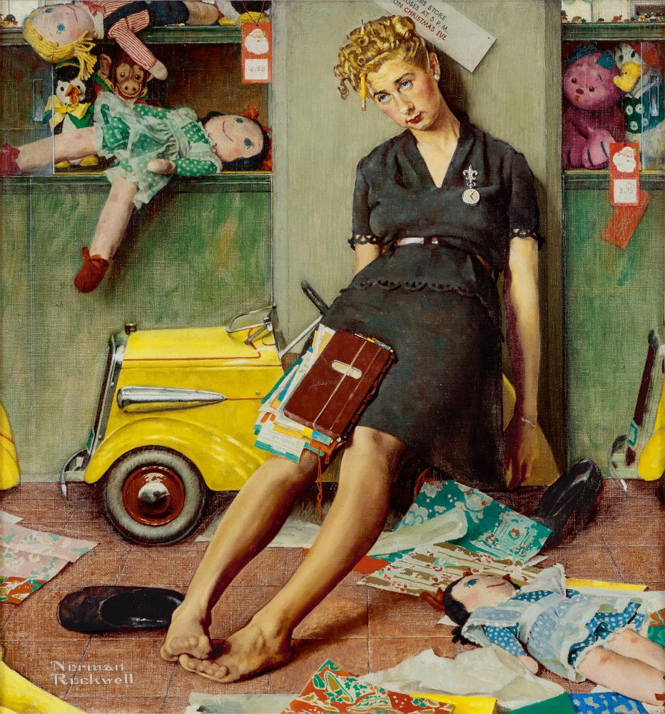 "Tired Salesgirl on Christmas Eve" by Norman Rockwell, 1947. Depicts a tired-looking woman in a toy store slumped up against the wall, surrounded by toys and dolls.