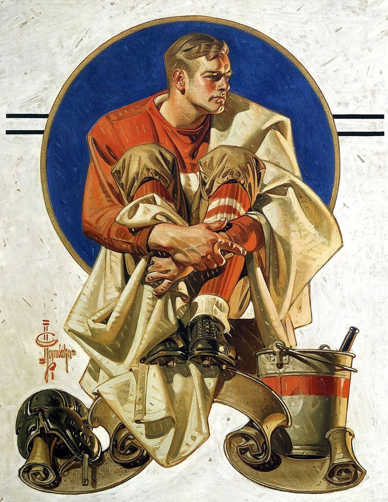 "Football Hero" by JC Leyendecker, 1933. Stylized man in an old-school football uniform, sitting and clasping his hands together while looking off to our right.