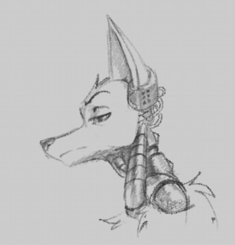 digital sketch of a cyborg furry, neck-up. Profile view.
