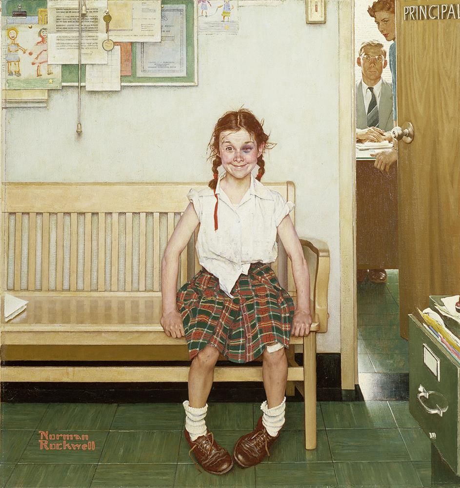 "The Young Lady with the Shiner" by Norman Rockwell, 1953. It depicts a school girl sitting in front of the principles office with a black eye and smiling widely.